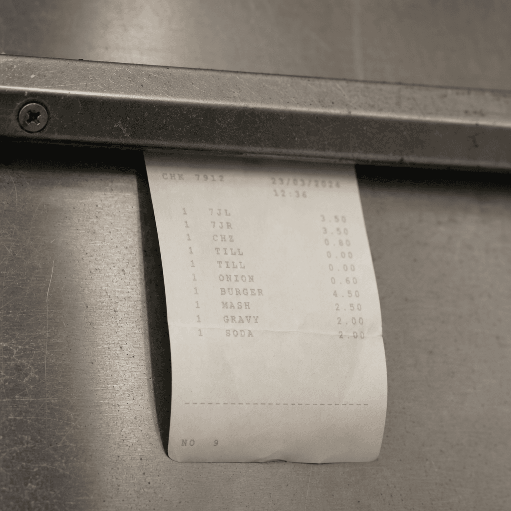 A thermal-paper kitchen docket curling from a steel order rail