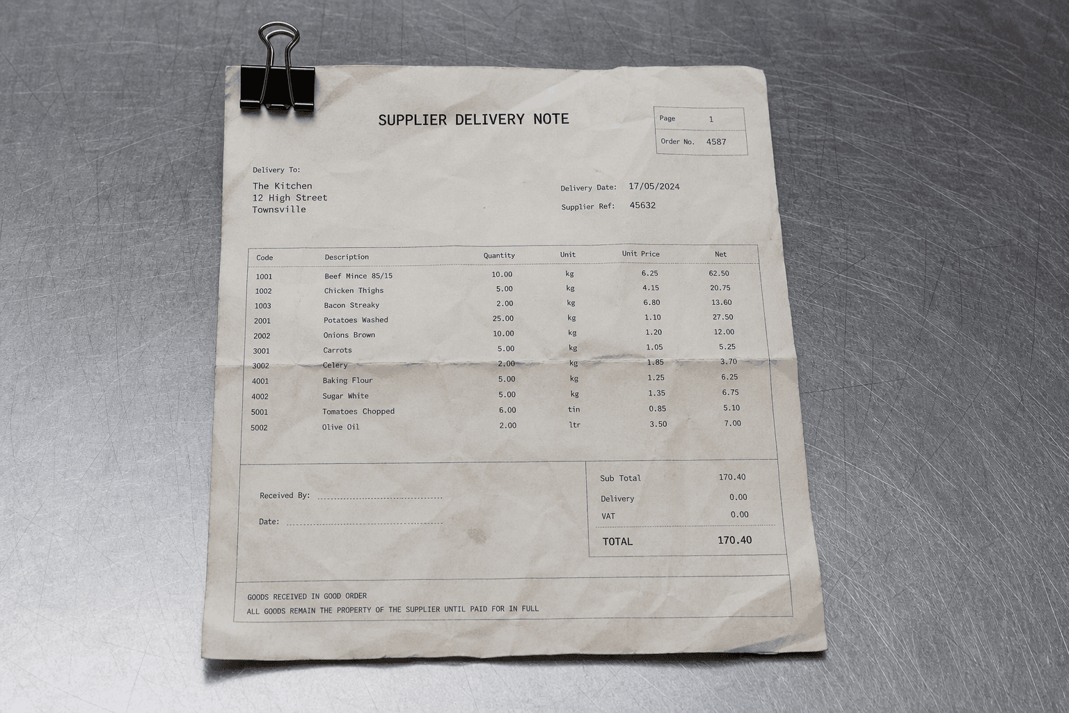 A crumpled paper supplier delivery note clipped to a stainless steel kitchen counter